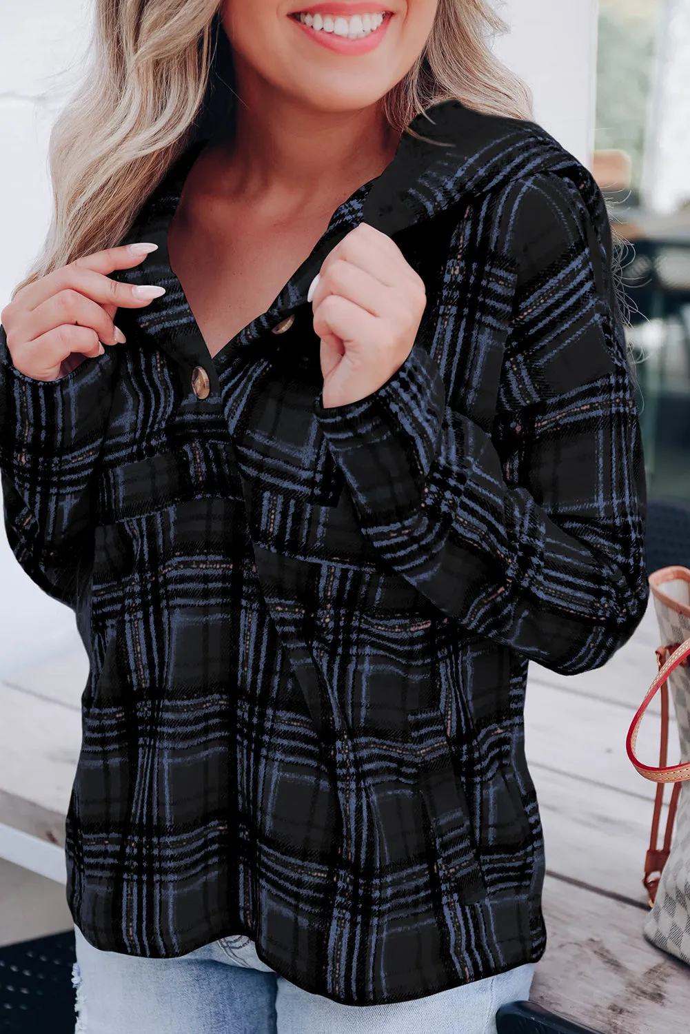Khaki Plaid Button Neck Pocketed Pullover Hoodie