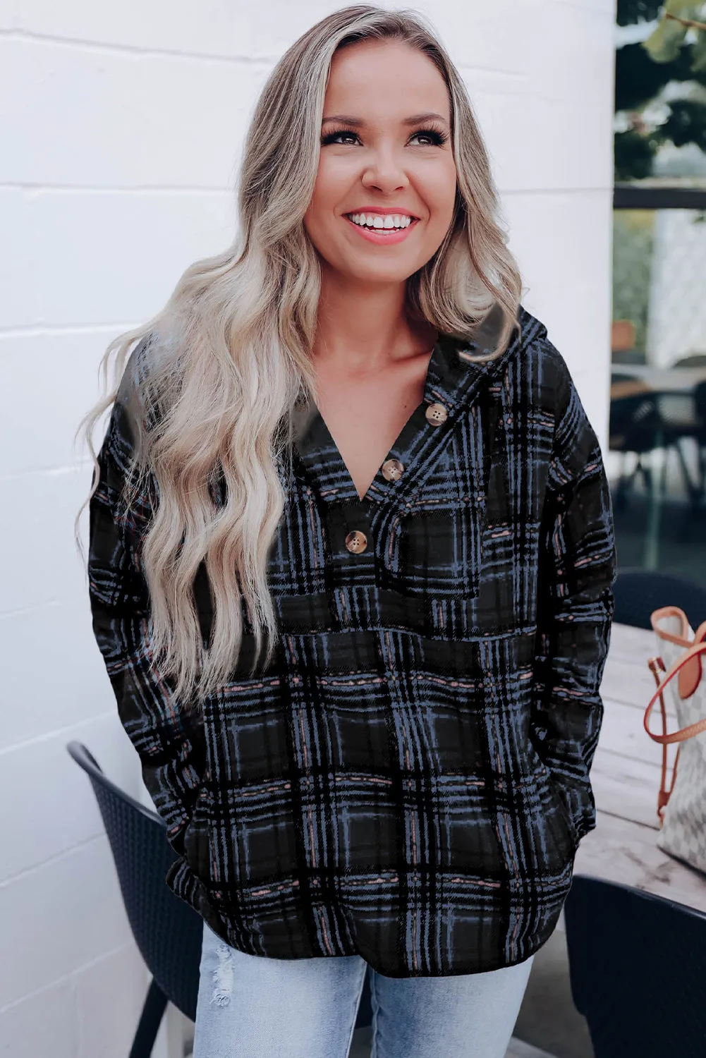Khaki Plaid Button Neck Pocketed Pullover Hoodie