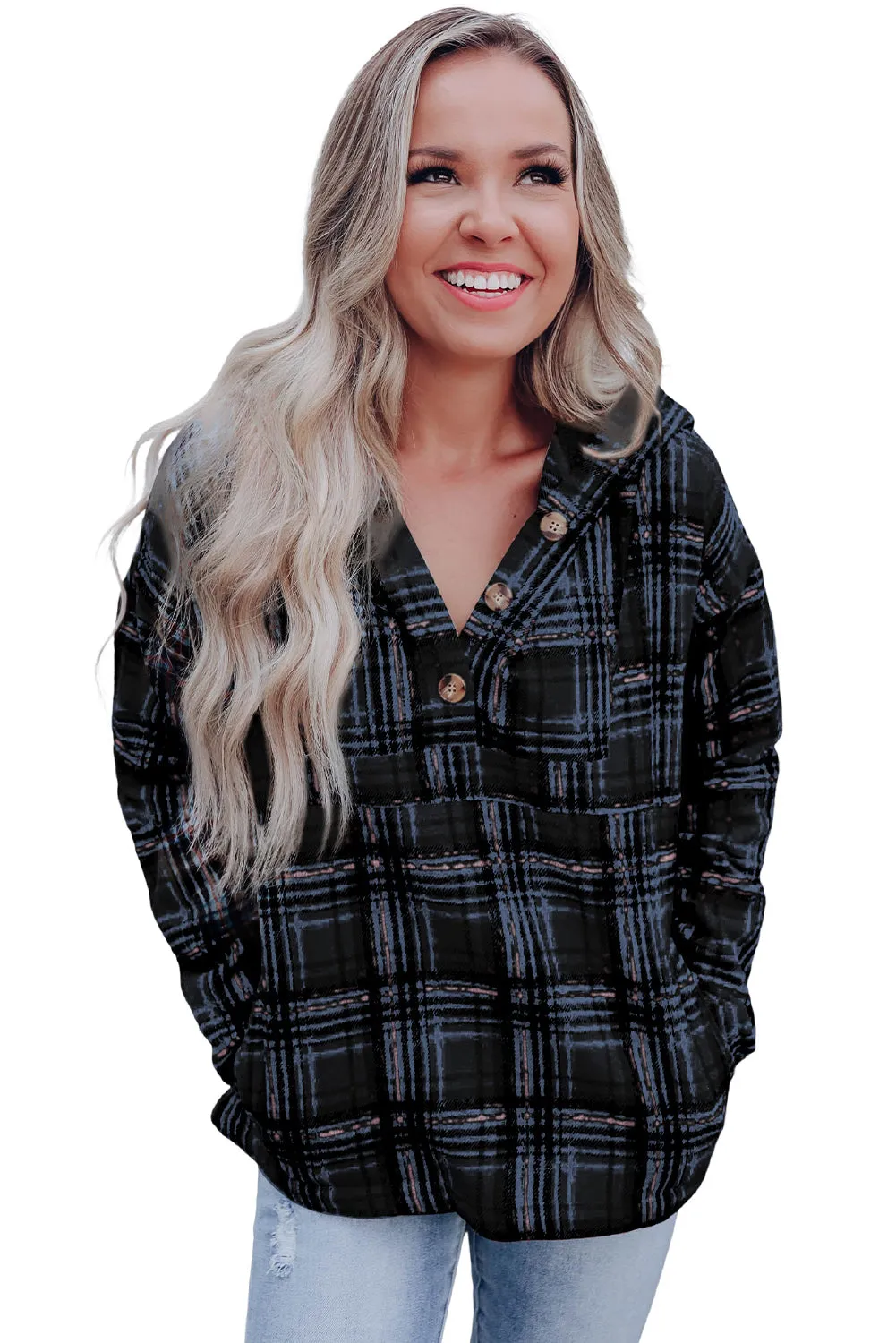 Khaki Plaid Button Neck Pocketed Pullover Hoodie