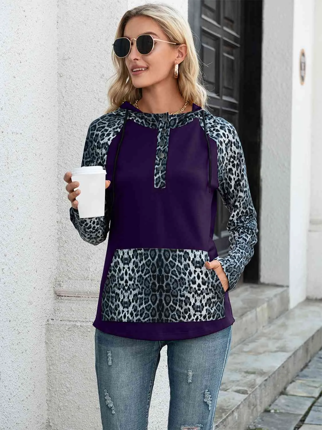 Leopard Print Drawstring Pocketed Raglan Sleeve Hoodie