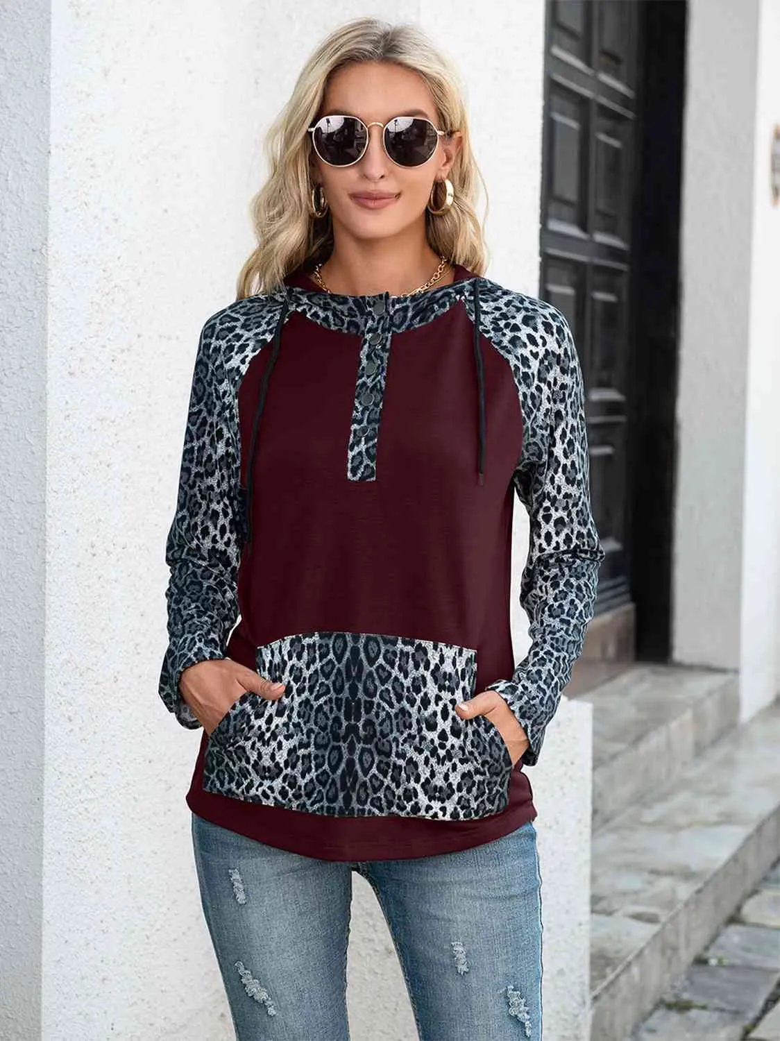 Leopard Print Drawstring Pocketed Raglan Sleeve Hoodie