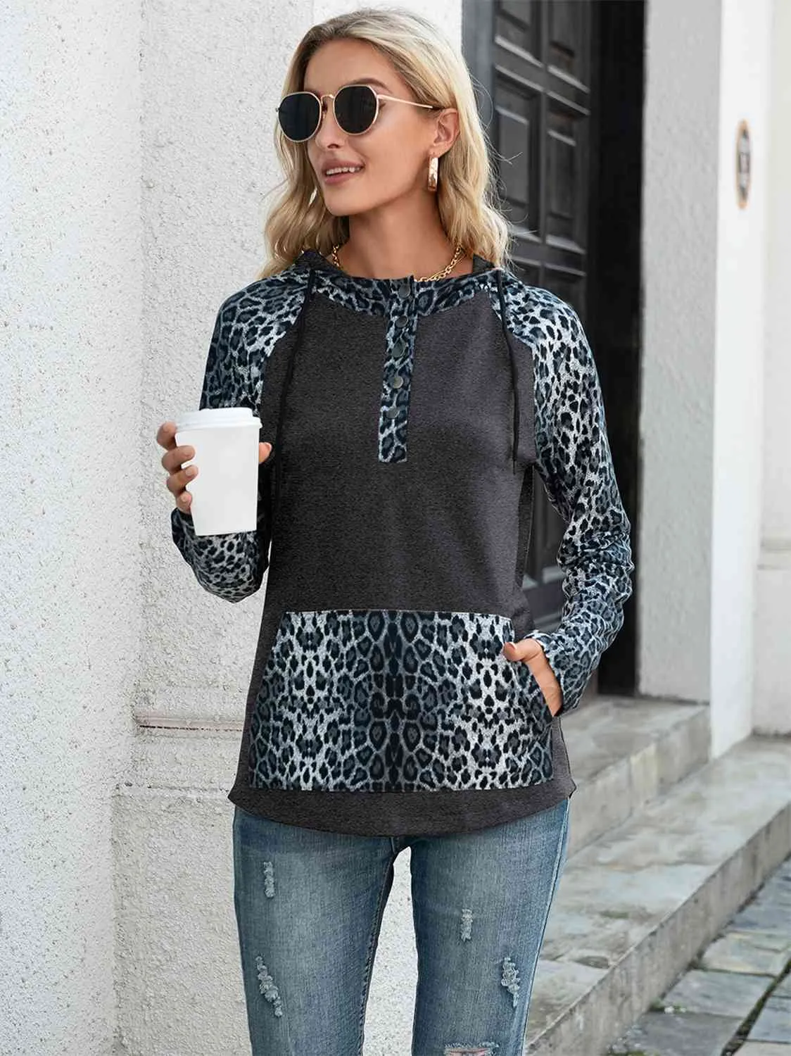 Leopard Print Drawstring Pocketed Raglan Sleeve Hoodie