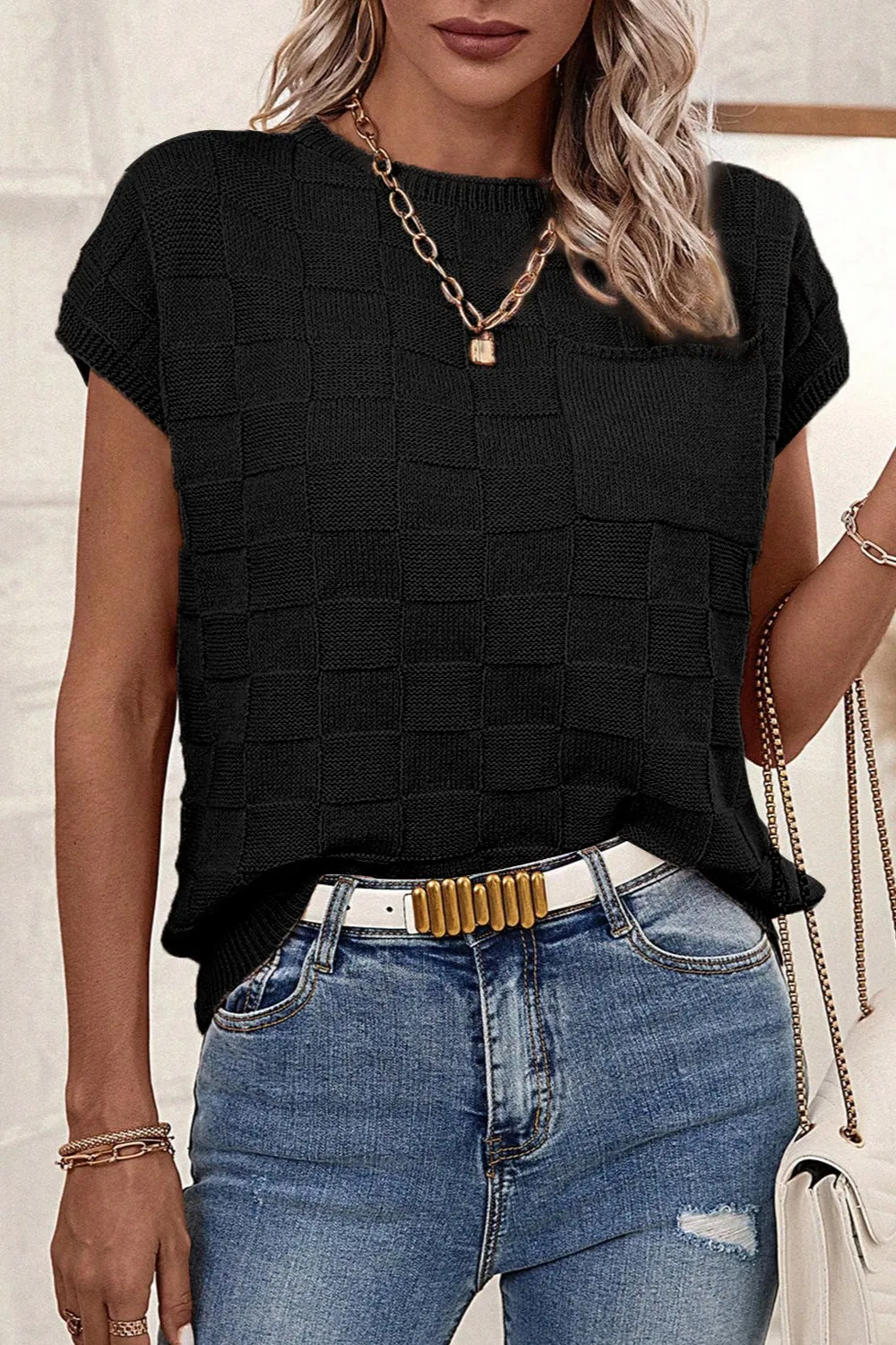 Marley Pocketed Checkered Round Neck Knit Top