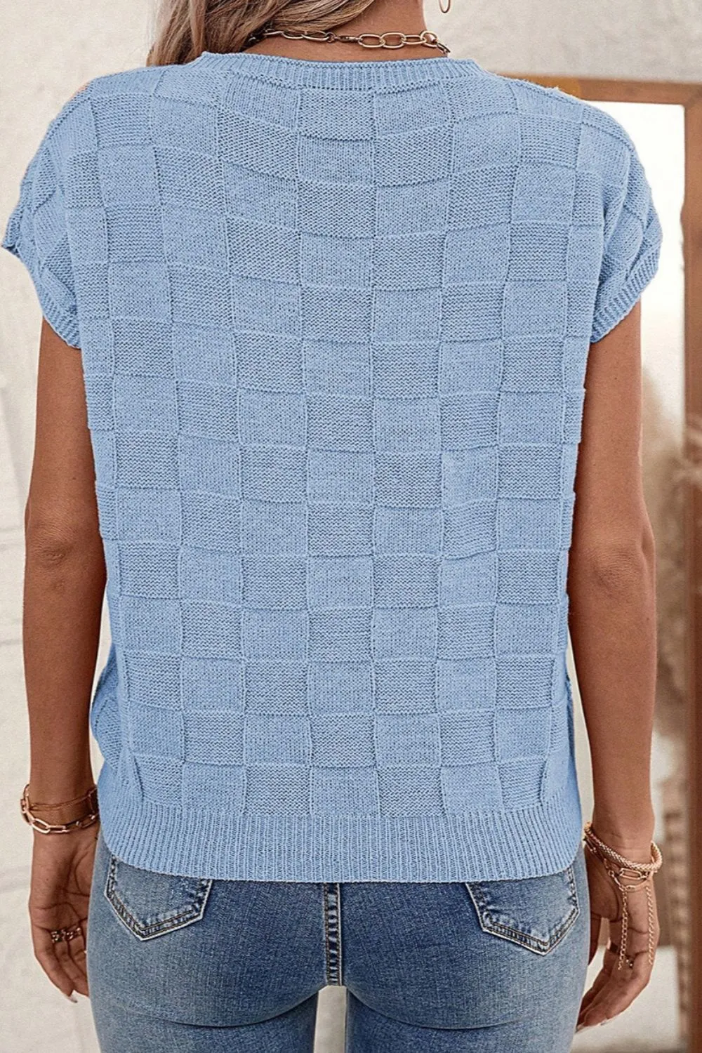 Marley Pocketed Checkered Round Neck Knit Top