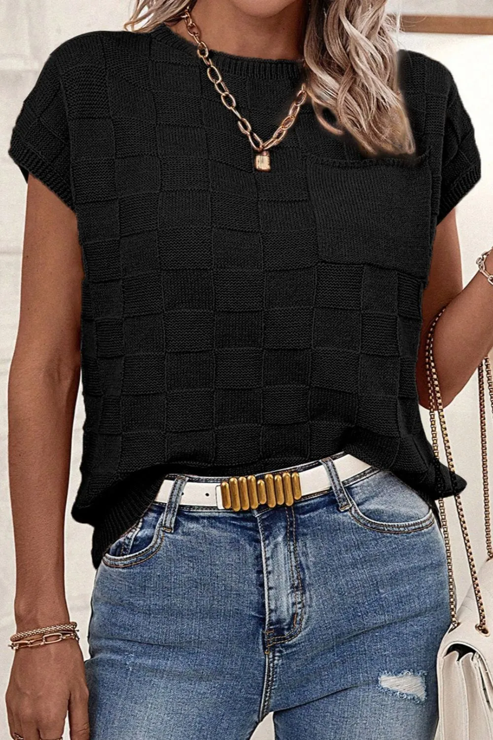 Marley Pocketed Checkered Round Neck Knit Top
