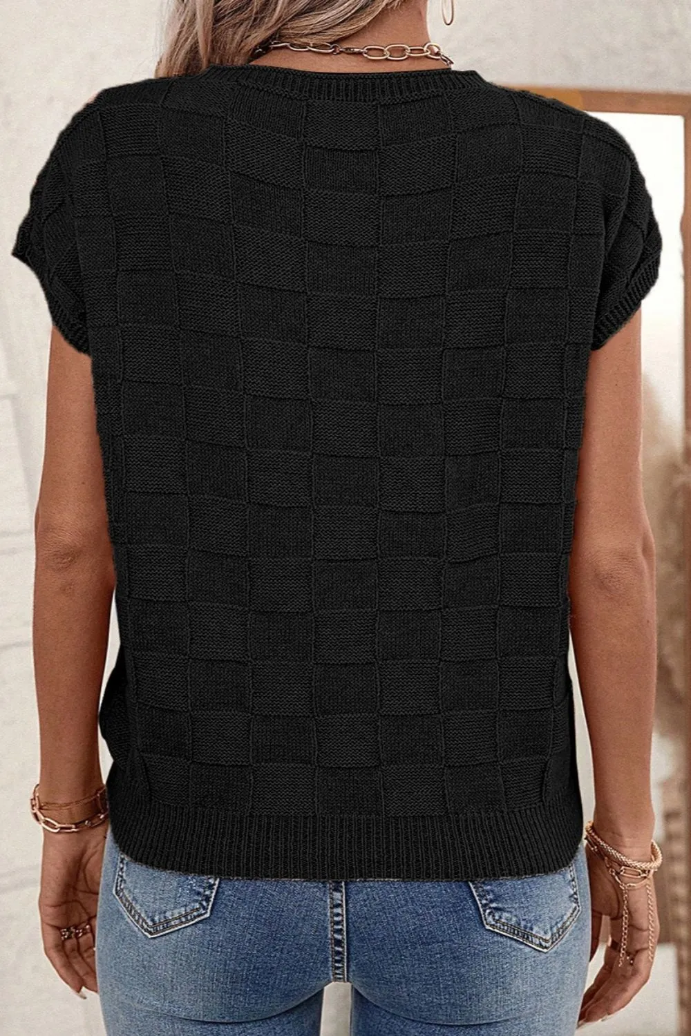 Marley Pocketed Checkered Round Neck Knit Top