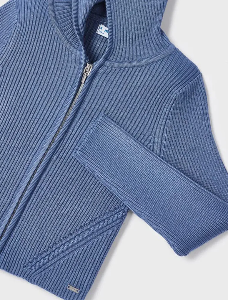 Mayoral Girls Ribbed Knit Hooded Cardigan in Cornflower Blue : Size 3 to 9 Years
