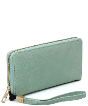 Mint Faux Vegan Leather Zip Around Wallet – Gold-Tone Hardware, Detachable Wrist Band