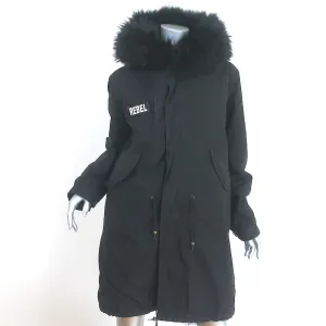 Mr & Mrs Italy Army Parka Coat Black Fox Fur-Lined Cotton Canvas Size Small