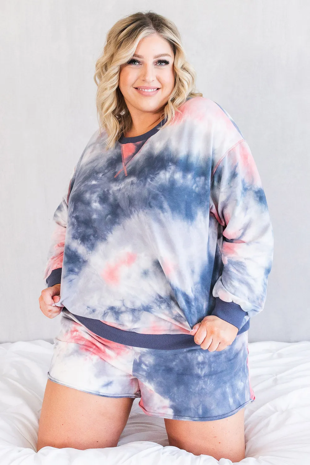 Multicolour Plus Tie Dye Ribbed Trim Top Pocketed Shorts Set