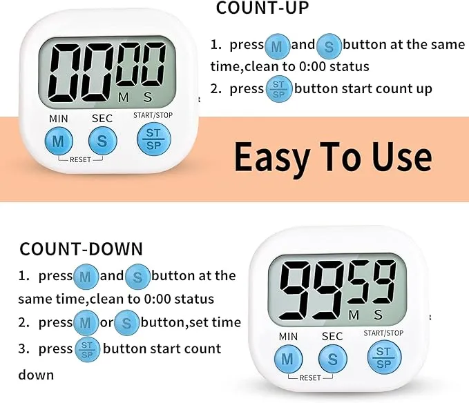New Digital Kitchen Timer for Cooking, Multi-Function Electronic Timer, Big Digits Loud Alarm Strong Magnetic Backing, Classroom Timers for Teachers (White)
