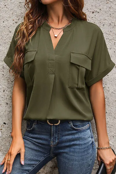 Novia Pocketed Notched Short Sleeve Blouse