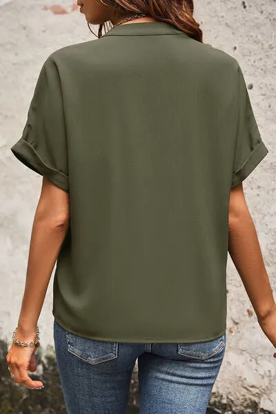 Novia Pocketed Notched Short Sleeve Blouse