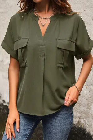 Novia Pocketed Notched Short Sleeve Blouse