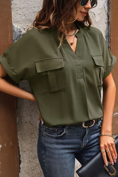 Novia Pocketed Notched Short Sleeve Blouse