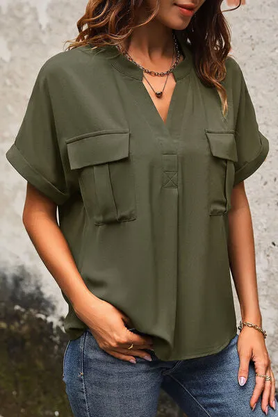 Novia Pocketed Notched Short Sleeve Blouse