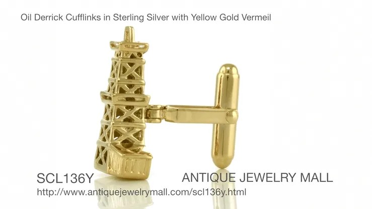 Oil Derrick Cufflinks in Sterling Silver with Yellow Gold Vermeil