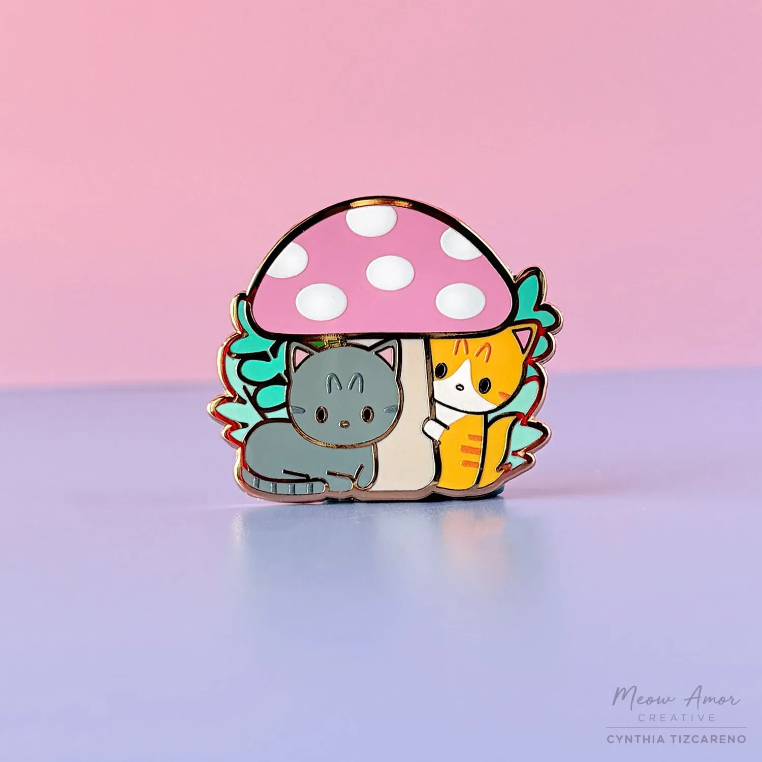 Pink Mushroom Cats Enamel Pin