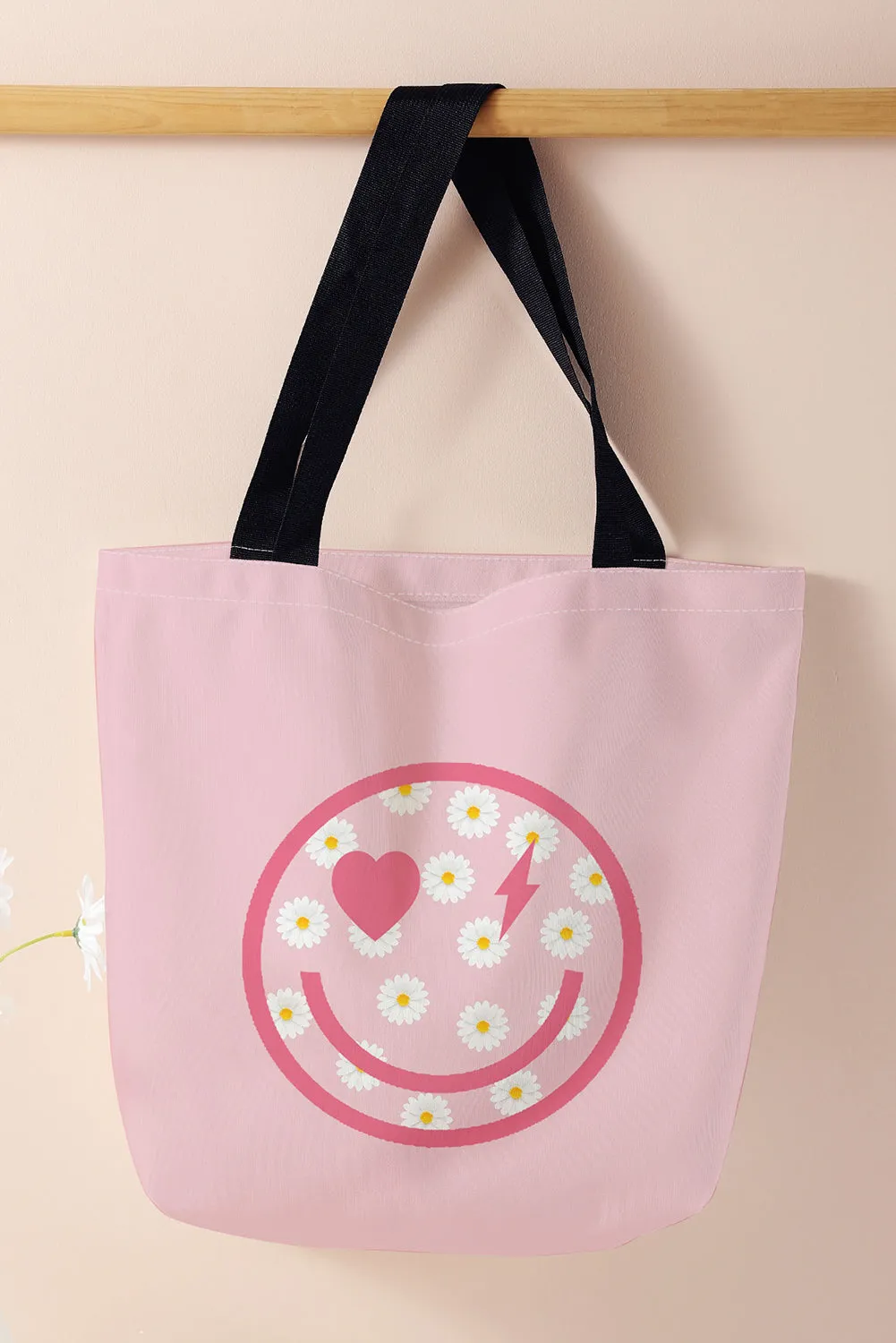 Pink Smiley Face Daisy Print Canvas Tote