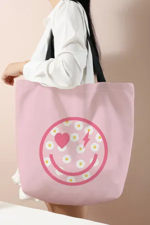 Pink Smiley Face Daisy Print Canvas Tote