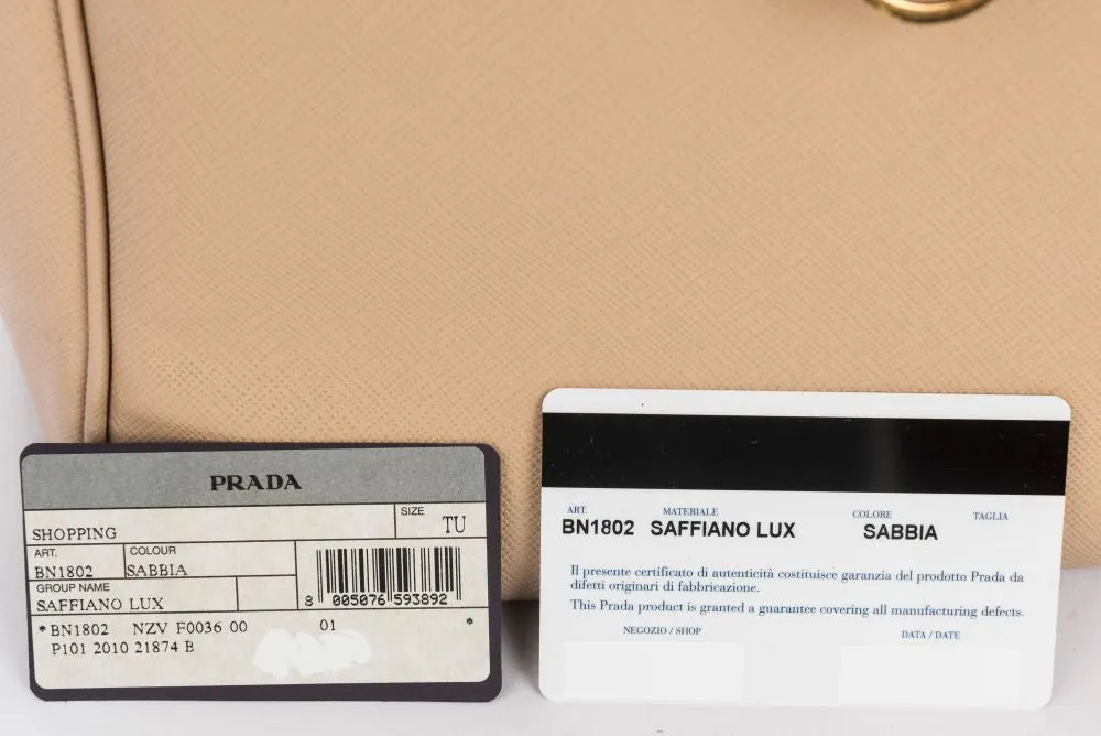 Prada BN1802 Saffiano Lux Hand Bag, Sabbia Light Cafe Color, with Dust Cover