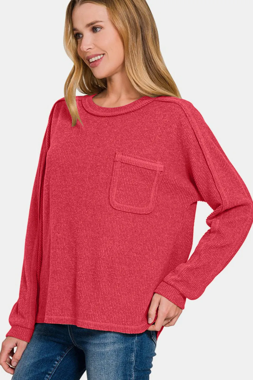Red Full Size Contrast Stitching Brushed Ribbed Hacci Knit Top
