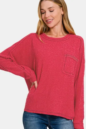 Red Full Size Contrast Stitching Brushed Ribbed Hacci Knit Top