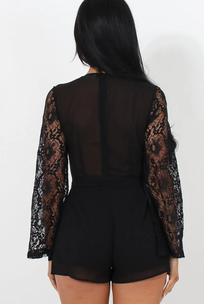 Renae Black Lace Sleeve Playsuit