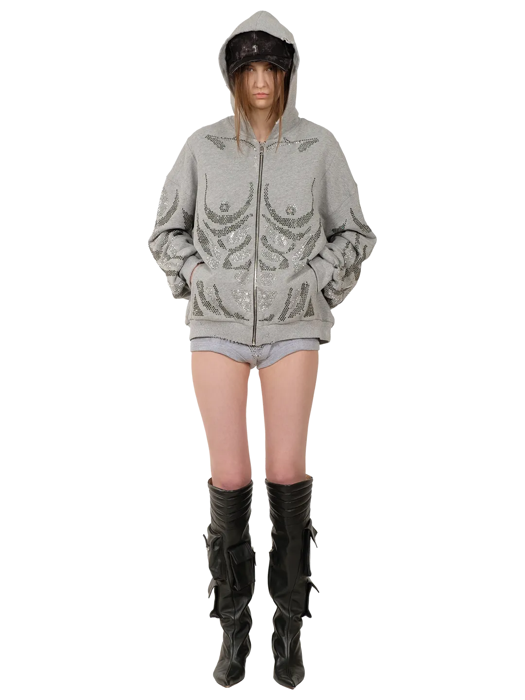 Rhinestones Zip-up Hoodie