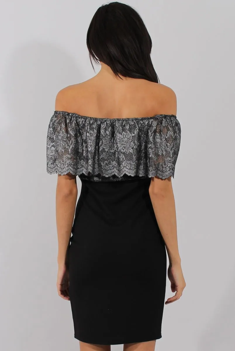 Silver And Black Lace Frill Bardot Bodycon Dress - Cora
