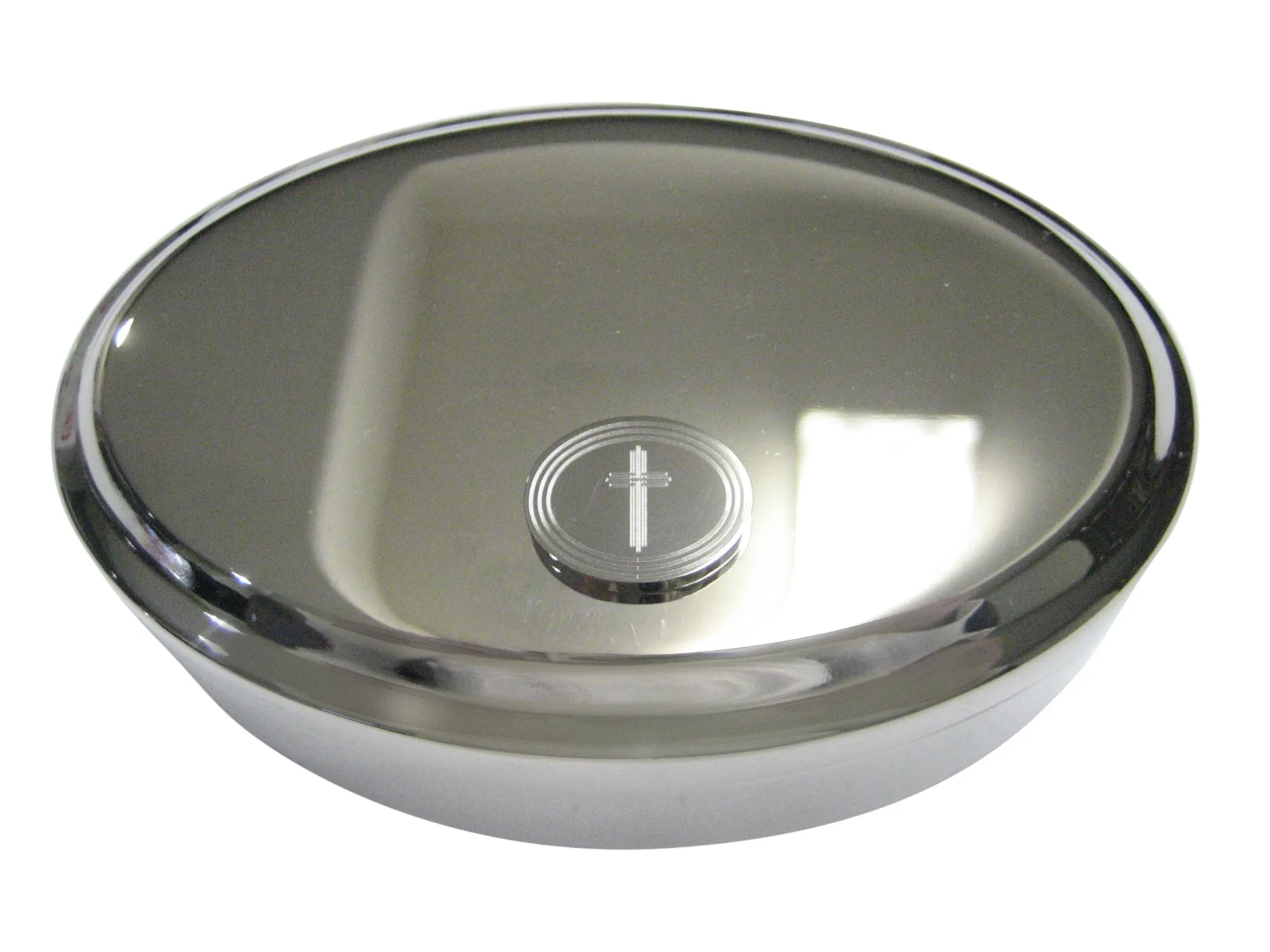 Silver Toned Etched Oval Lined Religious Cross Oval Trinket Jewelry Box
