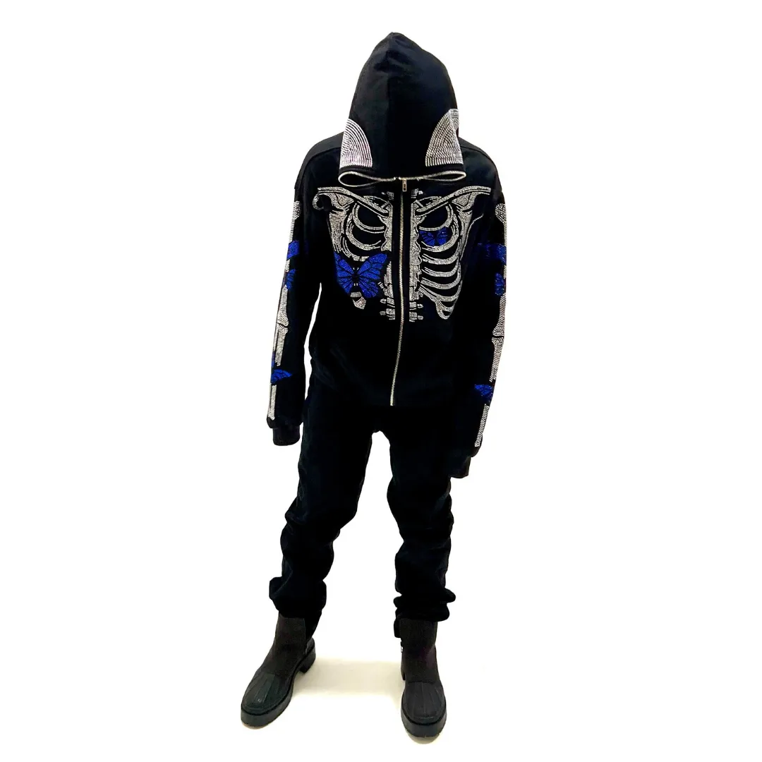Skeleton Blue Butterfly Hoodie Zip Up