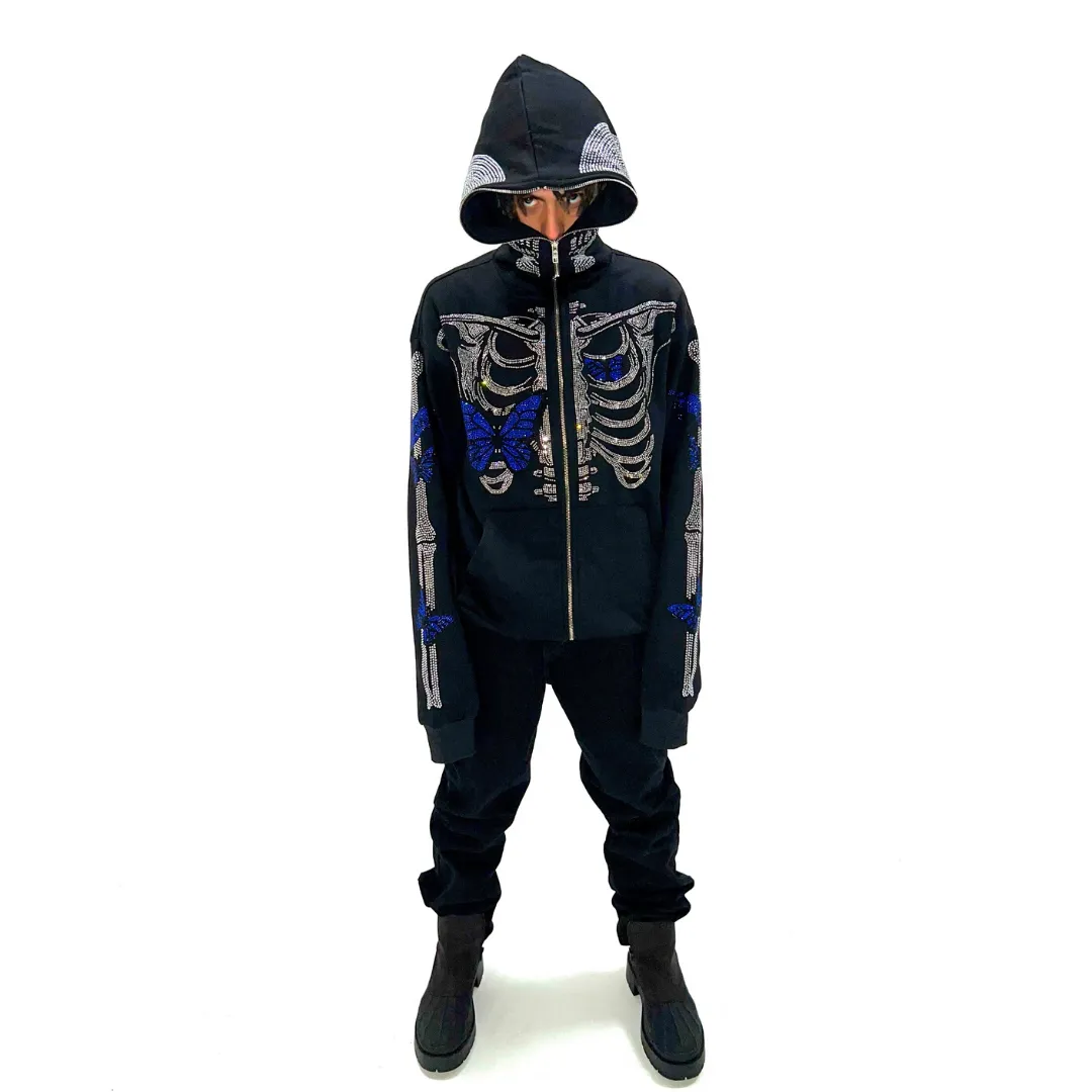 Skeleton Blue Butterfly Hoodie Zip Up