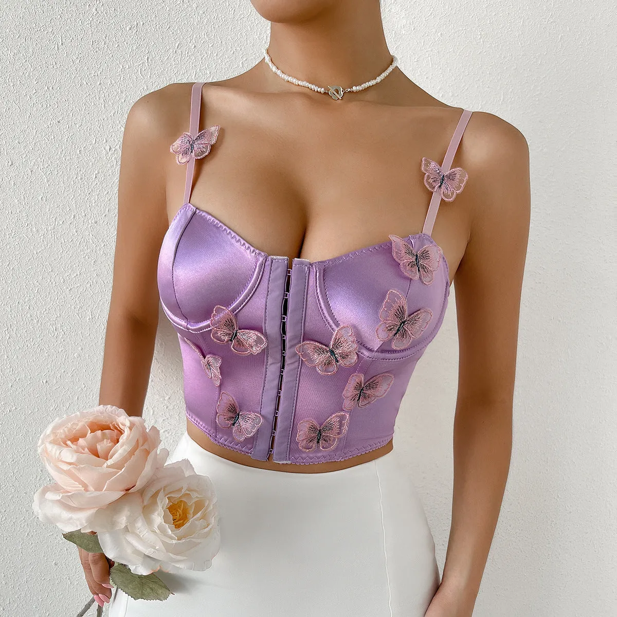Spring and Summer New European and American Hot Lilac Lace Breasted Three-Dimensional Butterfly Girl Heart High Sense Vest