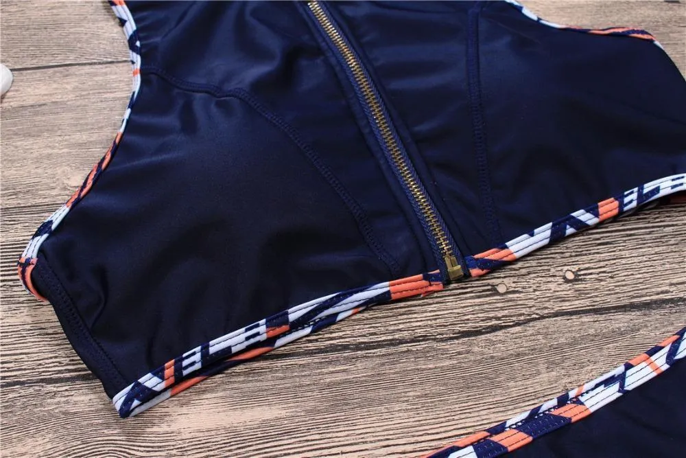 Striped Zip-Up Halter Bikini Set