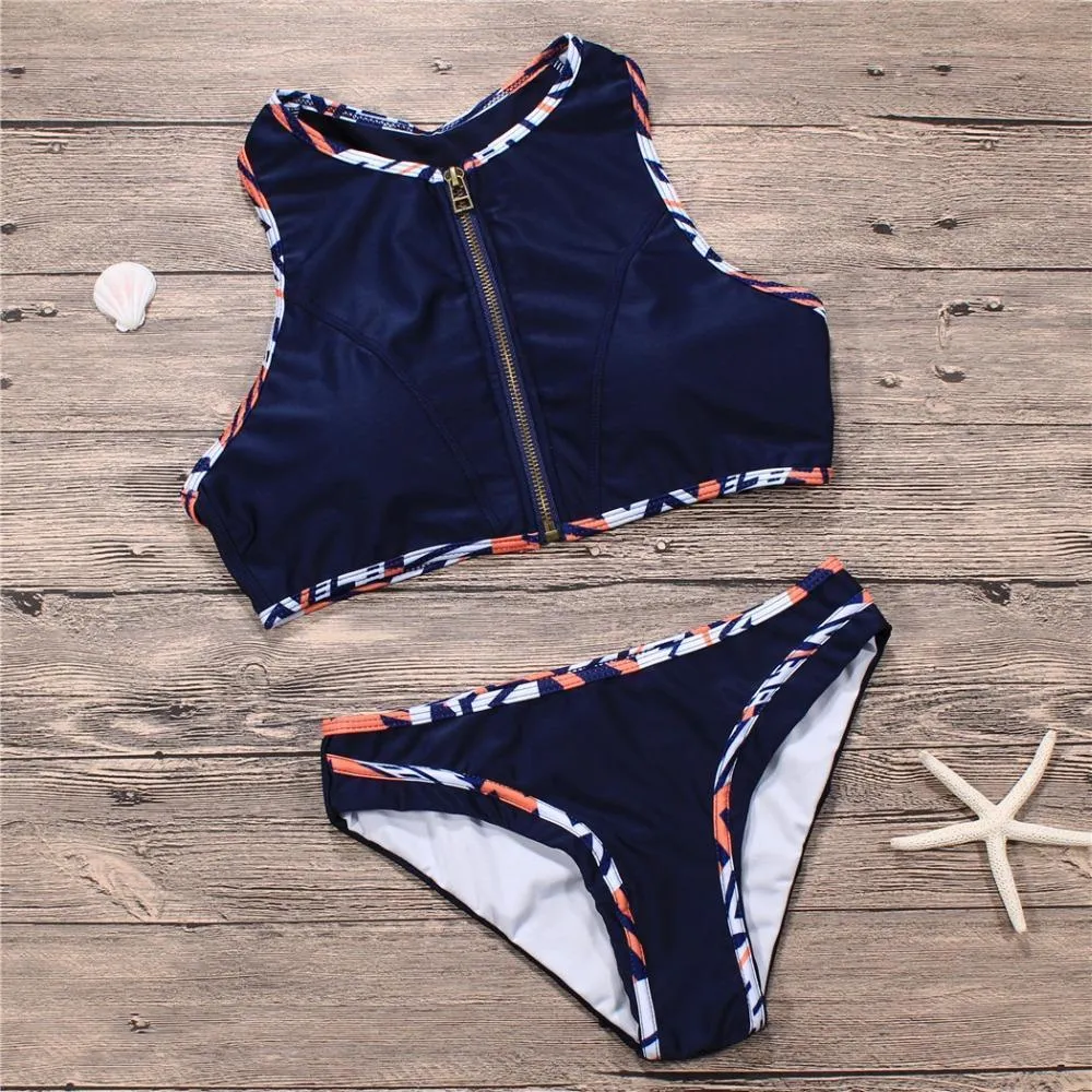 Striped Zip-Up Halter Bikini Set