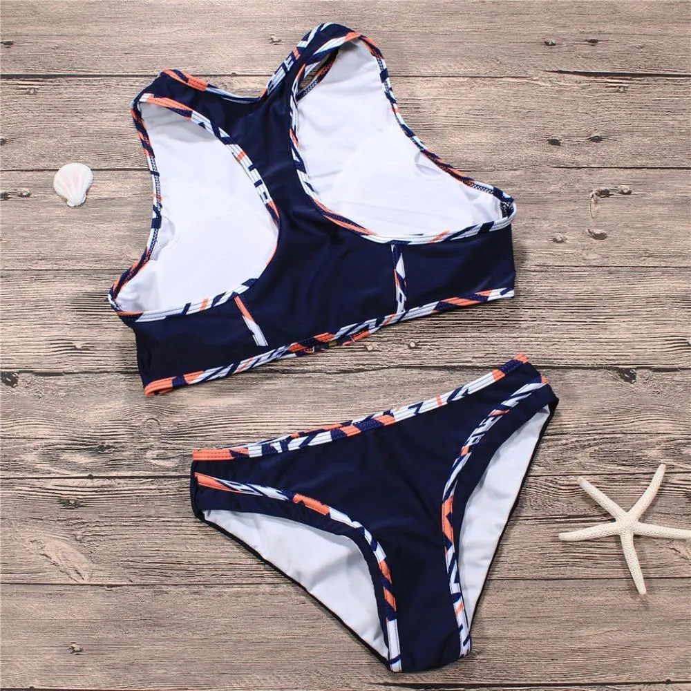 Striped Zip-Up Halter Bikini Set
