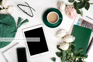 Tablet, Coffee & Roses. Digital Stock Image