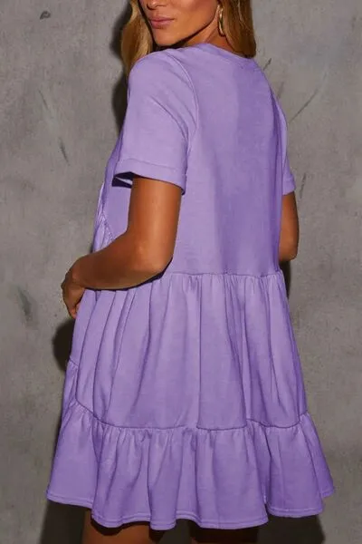 Tiered Round Neck Short Sleeve Mini Dress