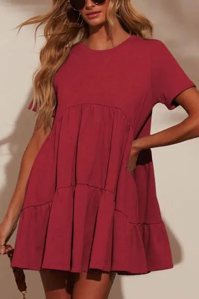 Tiered Round Neck Short Sleeve Mini Dress