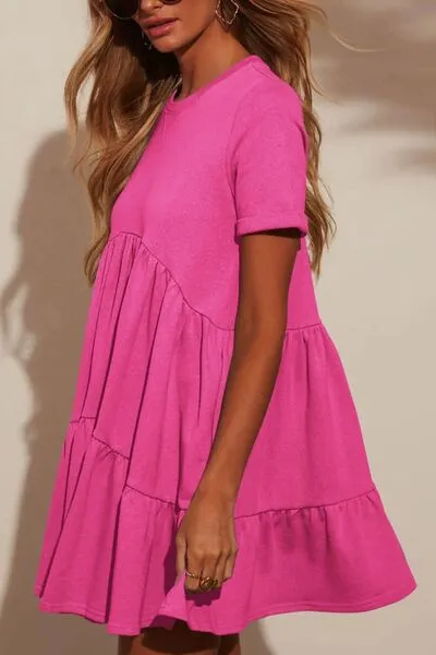 Tiered Round Neck Short Sleeve Mini Dress