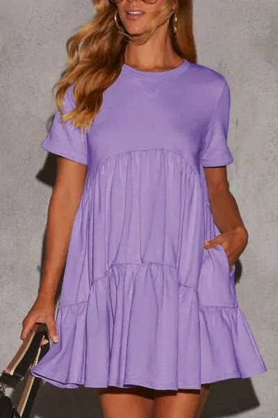 Tiered Round Neck Short Sleeve Mini Dress