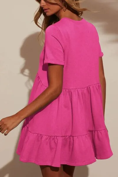 Tiered Round Neck Short Sleeve Mini Dress