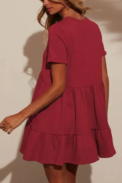 Tiered Round Neck Short Sleeve Mini Dress