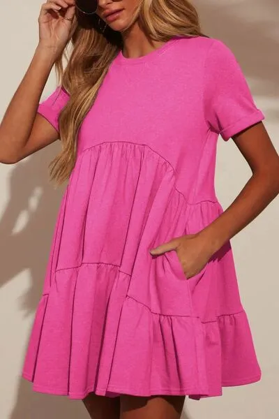 Tiered Round Neck Short Sleeve Mini Dress