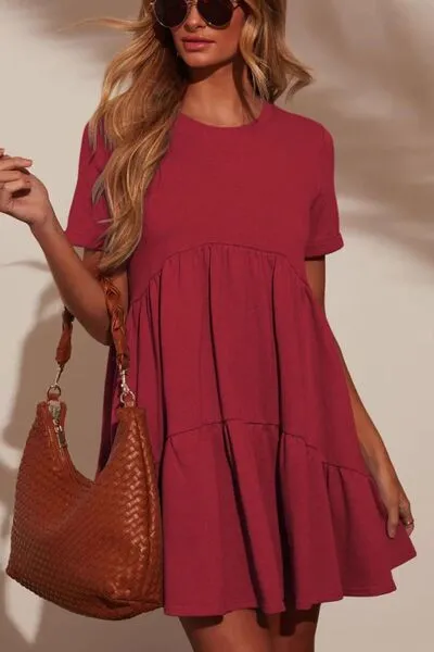 Tiered Round Neck Short Sleeve Mini Dress