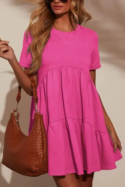 Tiered Round Neck Short Sleeve Mini Dress