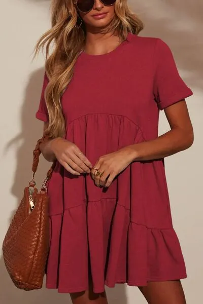 Tiered Round Neck Short Sleeve Mini Dress