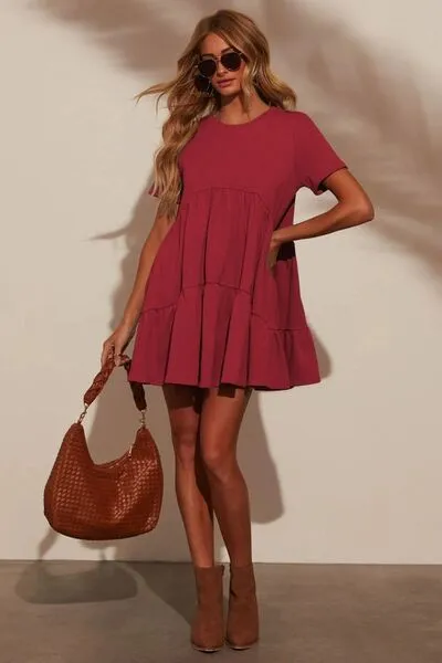 Tiered Round Neck Short Sleeve Mini Dress