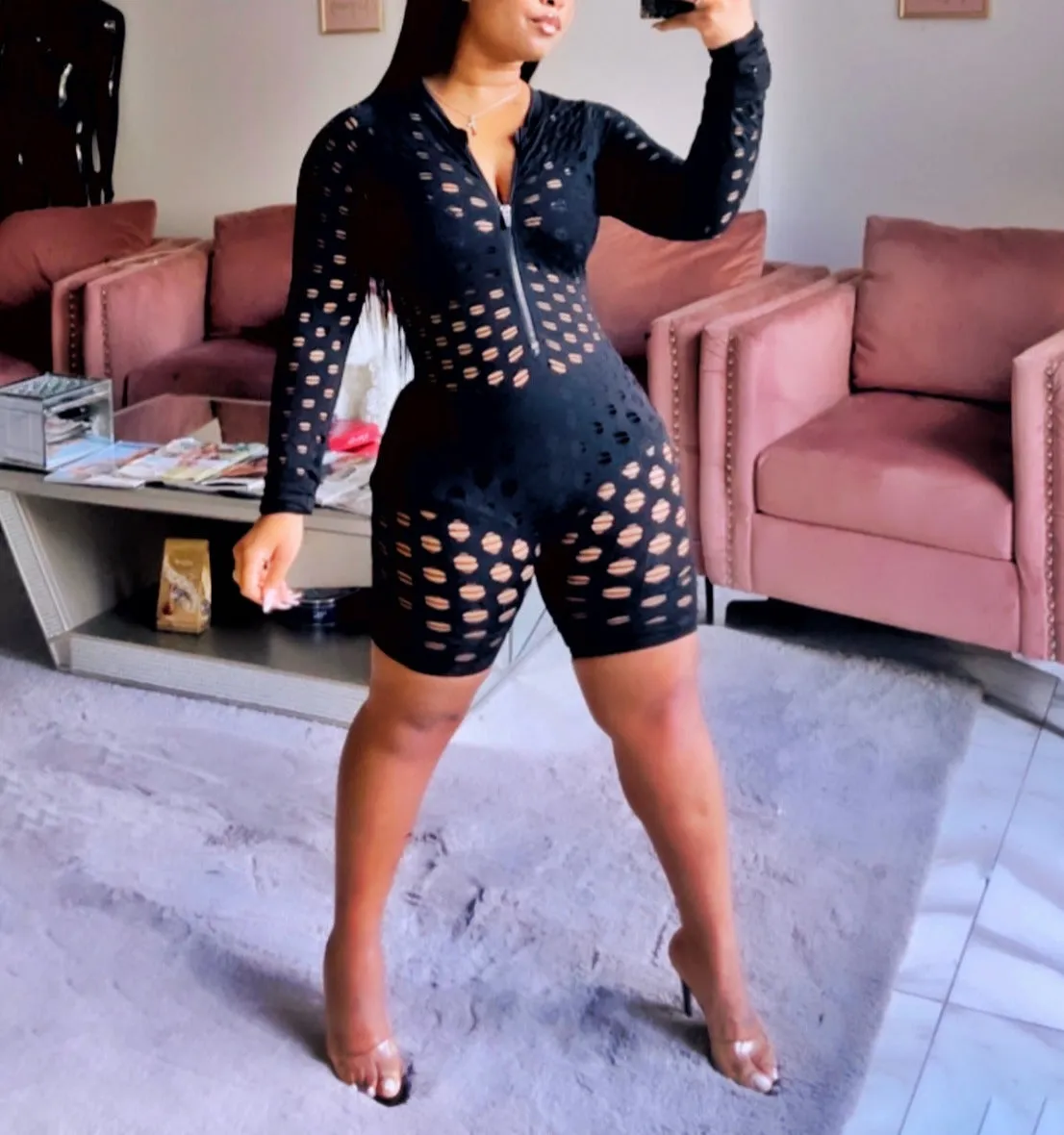 TJP123P - FISHNET ZIP UP ROMPER